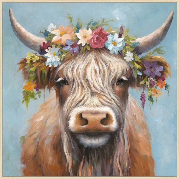 Schilderij canvas stier met bloemenkrans