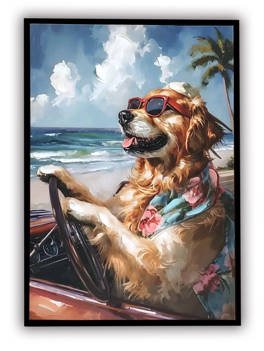 Schilderij Golden Retriever hond auto 