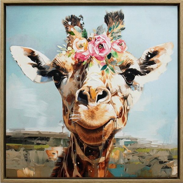 Schilderij giraffe bloemenkrans