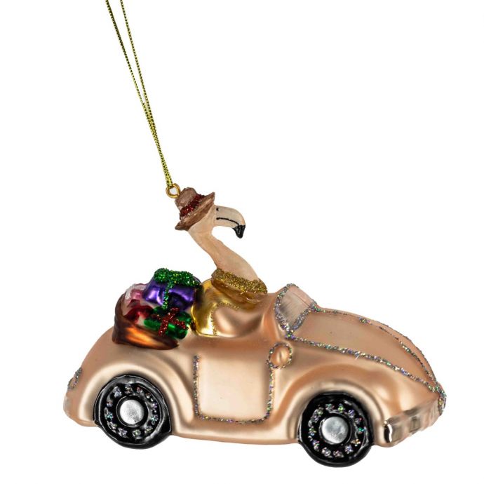 Kerstbal auto met flamingo 